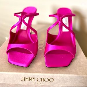 Jimmy Choo Anise fuchsia satin mules.
